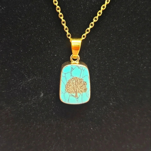 Turquoise Blue Tree of Life Pendant with 18in Gold Chain - Picture 4 of 6